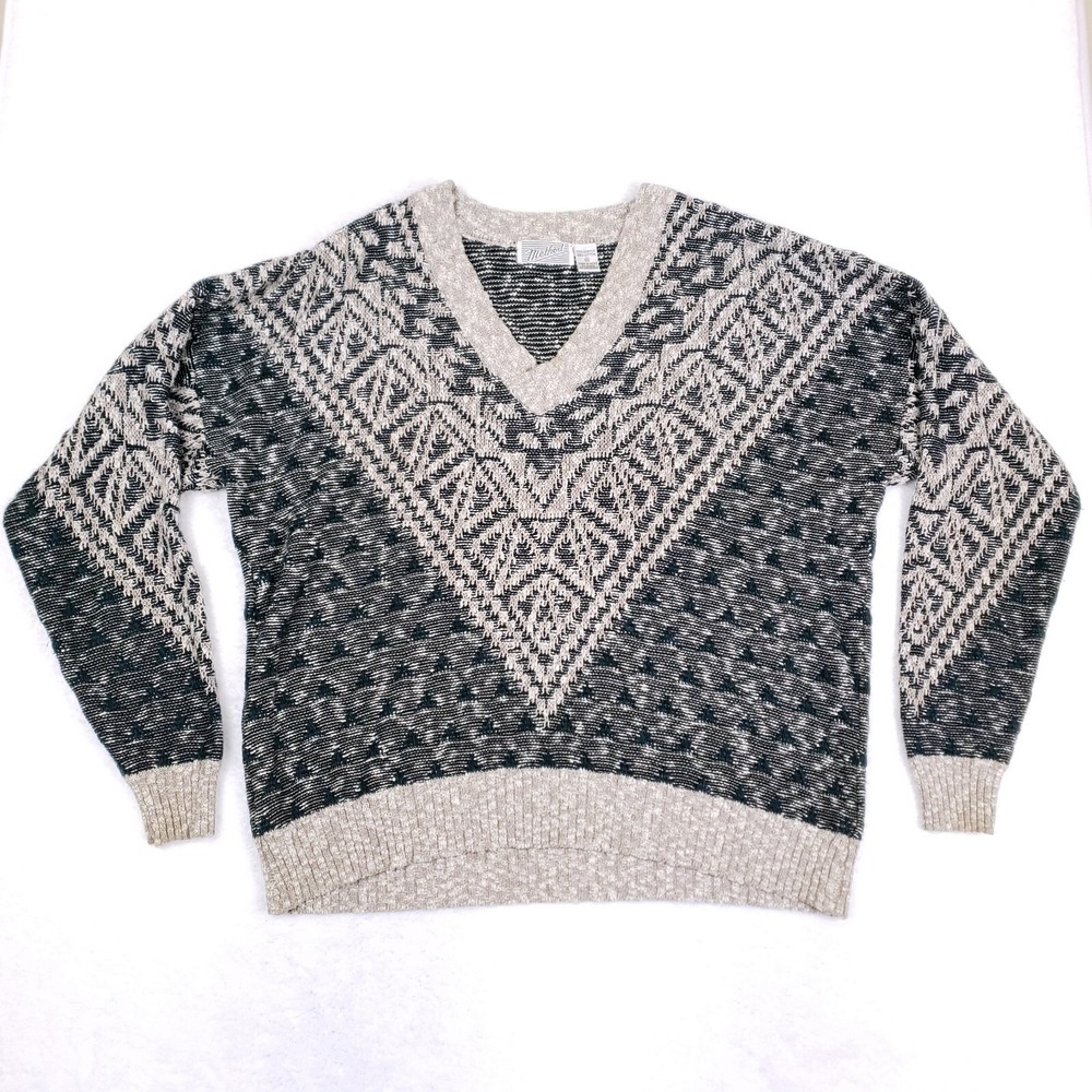 Method Knit Sweater 2X Vintage Made In Korea V Neck Geometric Pattern Pullover